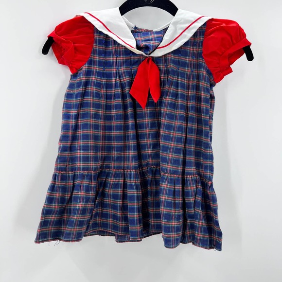 Polly Flinders Red Blue Nautical 4th July Short Sleeve Ruffle Dress 3T Vintage - Picture 1 of 7
